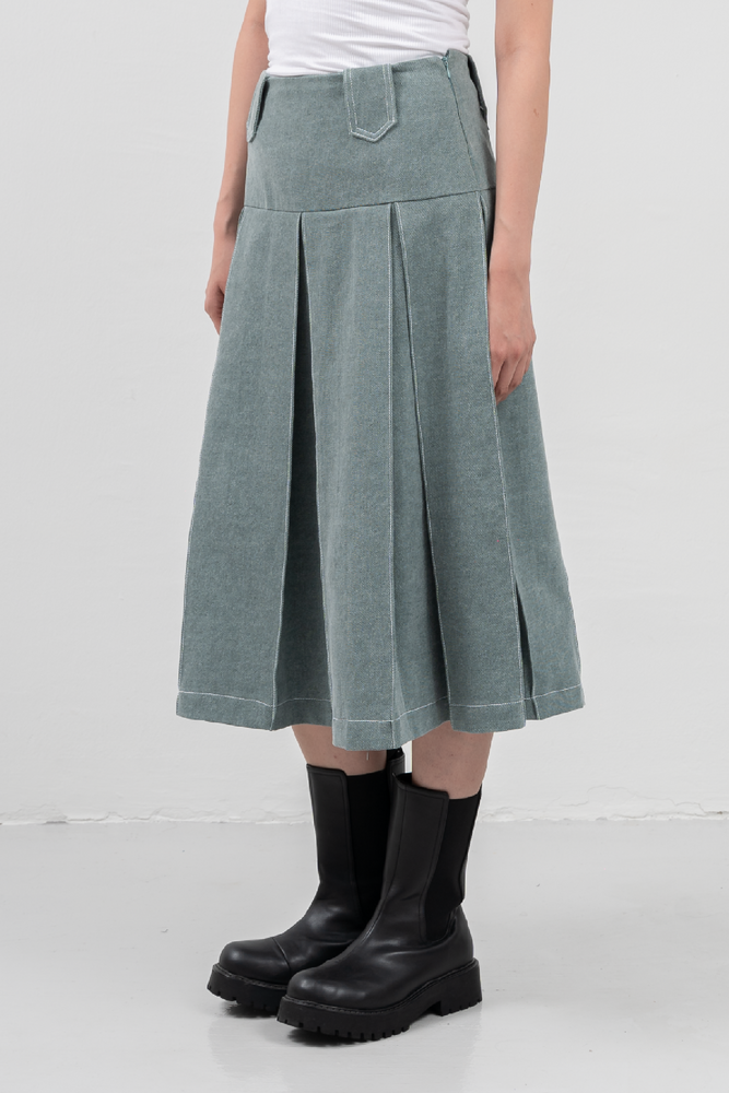 Pleated Denim Skirt - Beige